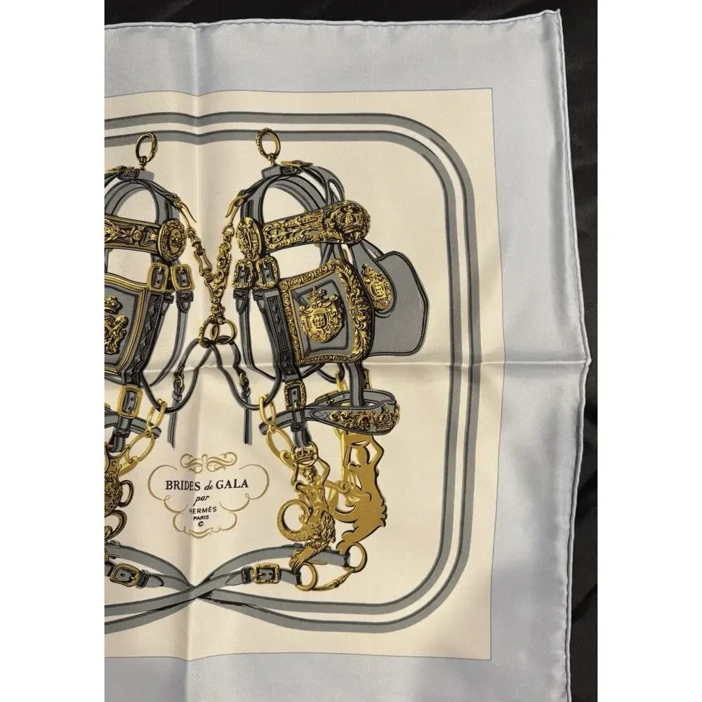 Hermès Pocket Square Silk Scarf Brides de Gala By Hugo Grygkar Lt Blue Gray New